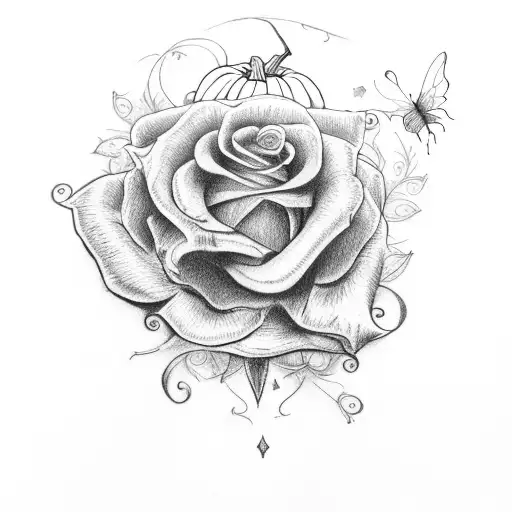 Halloween Pumpkin With Green Butterfly And The Rose From Beauty And The Beast