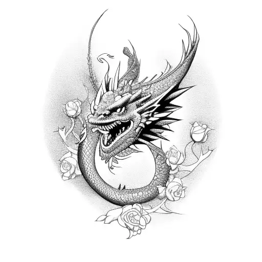 Dragon With Roses Surrounding It