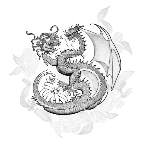 Dragon With Flowers And Butterflies In The Background