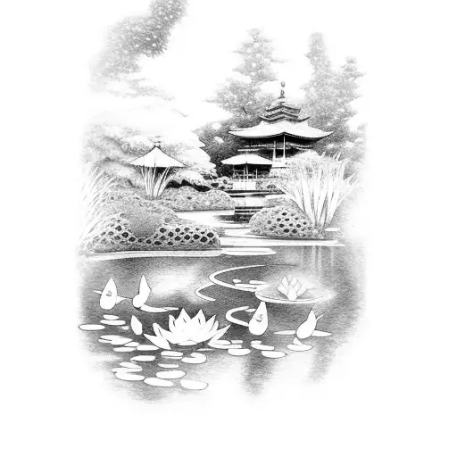 A Dotwork Tattoo Of A Serene Japanese Garden With Koi Fish Swimming Among Lotus Flowers