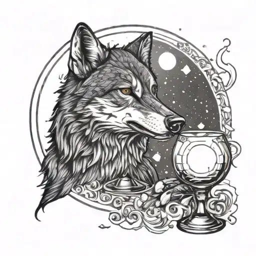 A Wolf Playing A Wine Glass Like A Musical Instrument Under A Full Moon