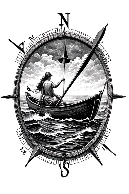 Compass With Woman Rowing Boat In Rough Waters Inside Of Compass