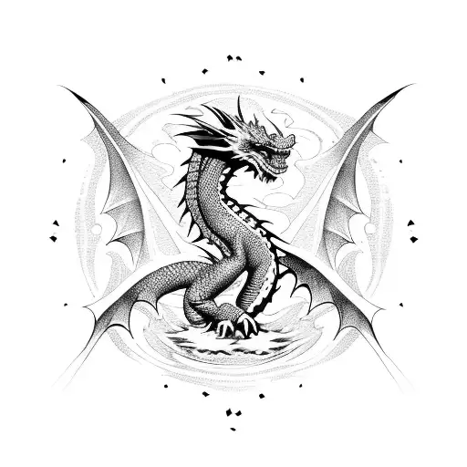 Dragon Silhouette Surrounded By Fiery Patterns