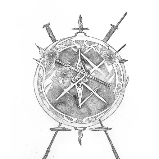 Three Of Swords Tarot With Samurai Swords And Flowers