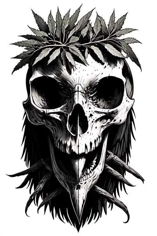 Raven Skull With Linden Branch In Beak