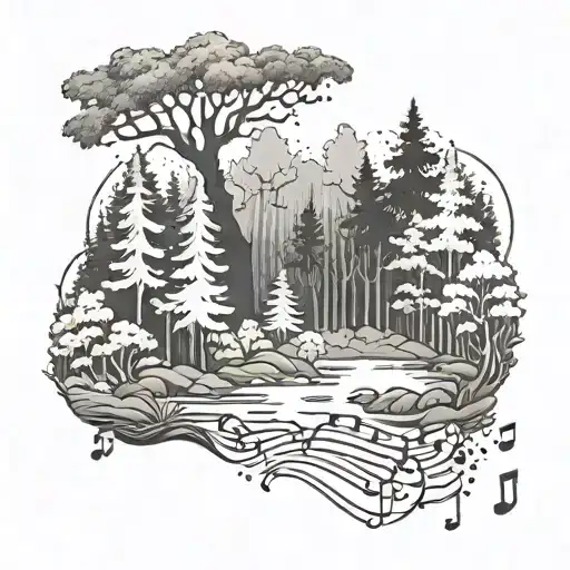 A Tattoo Design Of A Serene Forest Landscape With Musical Notes Floating In The Air