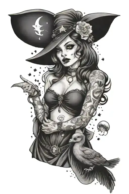 Pin Up Witch Holding A Duck With Moon And Stars Behind Her With Bat Skull And Crystals