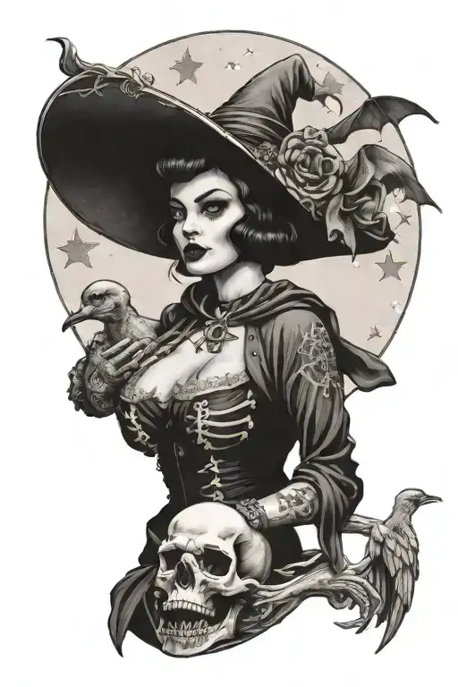 Pin Up Witch Holding A Duck With Moon And Stars Behind Her With Bat Skeleton And Crystals