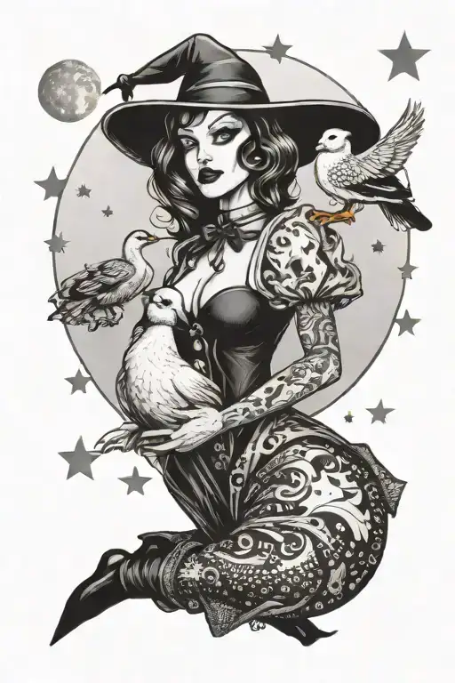 Pin Up Witch Holding A Duck With Moon And Stars Behind Her