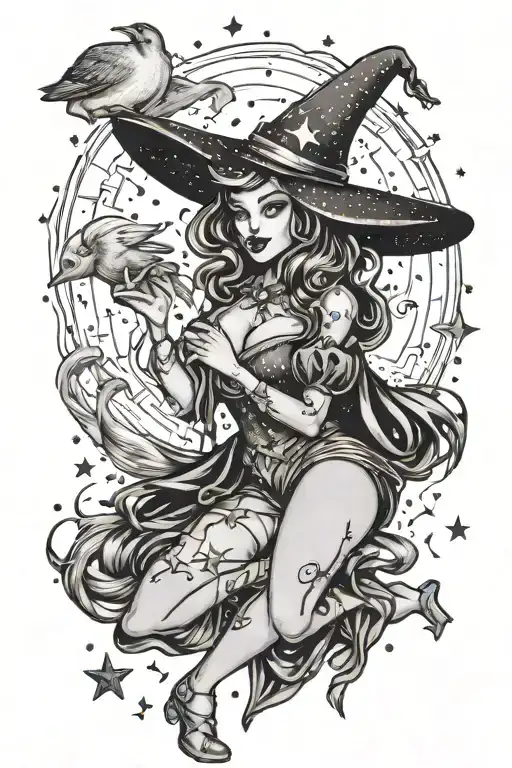 Pin Up Witch Holding A Duck With Moon And Stars Scattered