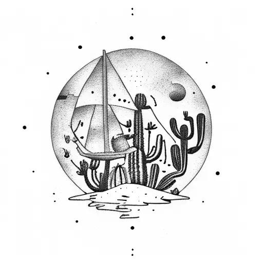 A Dotwork Tattoo Of A Pirate Ship Sailing Through A Desert Landscape Filled With Cacti