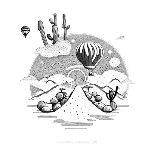 An Intricate Dotwork Design Of A Hot Air Balloon Flying Over A Cactus Desert Landscape