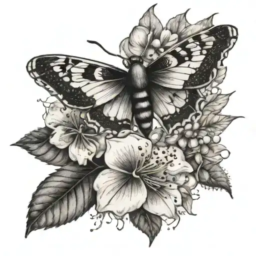 Garden Themed Tattoo Featuring A Moth Flowers And Beetle