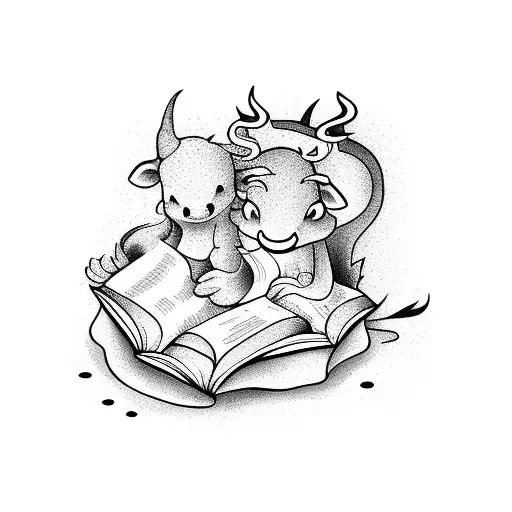 Cartoon Cow And Cartoon Dragon Reading A Book Together