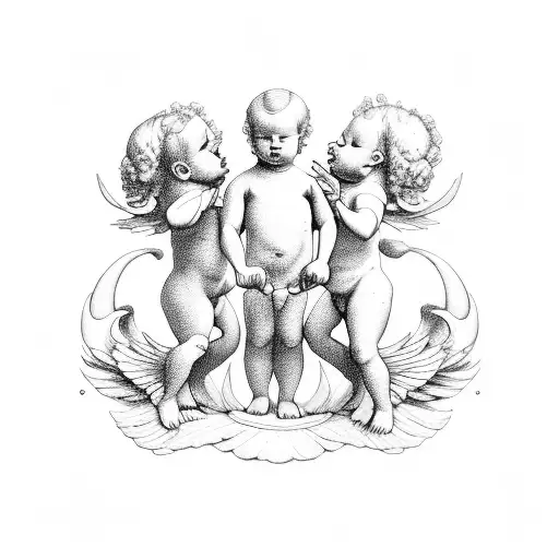 Three Cherubs Holding Hands And Flying In A Line