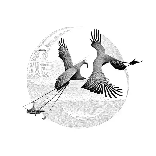 2 Cranes Flying With Red Sun