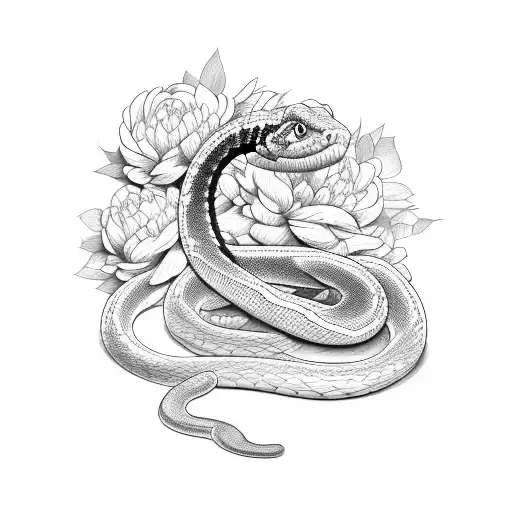 A Sketch Of A Snake Emerging From A Pile Of Peonies