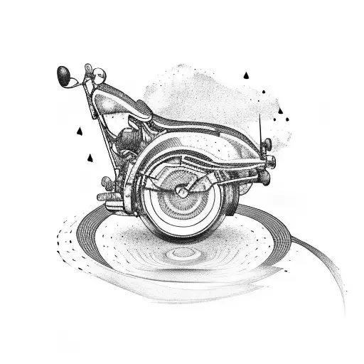 A Dotwork Tattoo Of A Vintage Car Speeding Down A Winding Road With Music Notes Trailing Behind