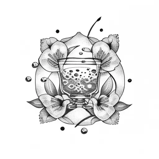 A Dotwork Tattoo Of A Floral Painting With A Martini Glass In The Background