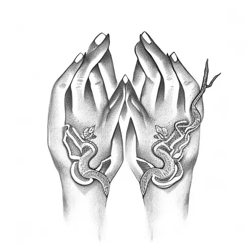 Adam And Eve Hands With A Snake Between