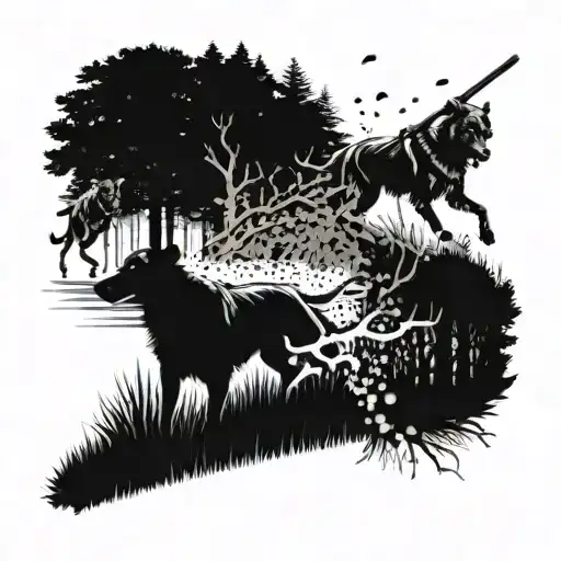 A Pack Of Hunting Dogs Running Through A Forest With A Subtle Hockey Theme Incorporated