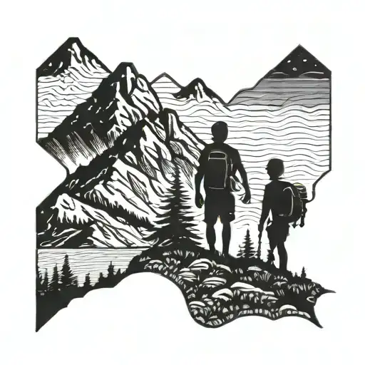 A Silhouette Of A Father And Child Hiking Together With A Background Of A Mountain And Ocean