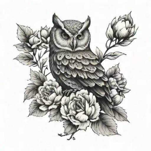 Owl And Peonies Female Tattoo Design