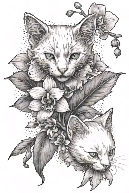 White Kitten And Orchid Branch
