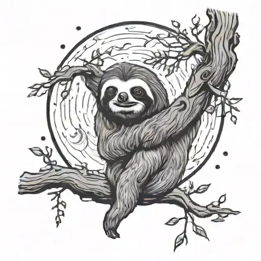 A Sloth Hanging From A Spooky Tree With A Full Moon In The Background