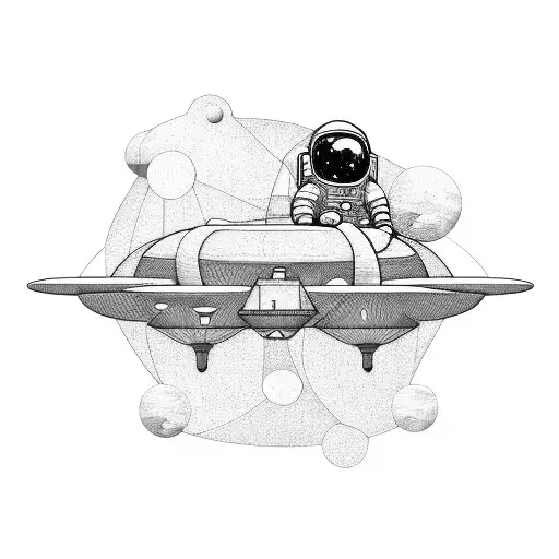 A Line Tattoo Of An Astronaut Floating Among Geometric Planets