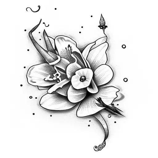 A Dotwork Tattoo Of A Freesia Flower With Sagittarius Constellation Petals