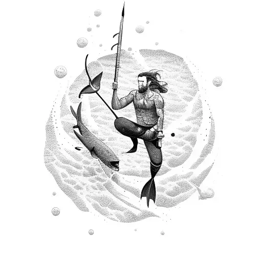 A Dotwork Design Featuring A Spearfisherman Gracefully Diving Into The Depths Of The Ocean