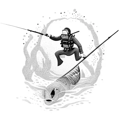A Dotwork Design Featuring A Spearfisherman Gracefully Diving Into The Depths Of The Ocean