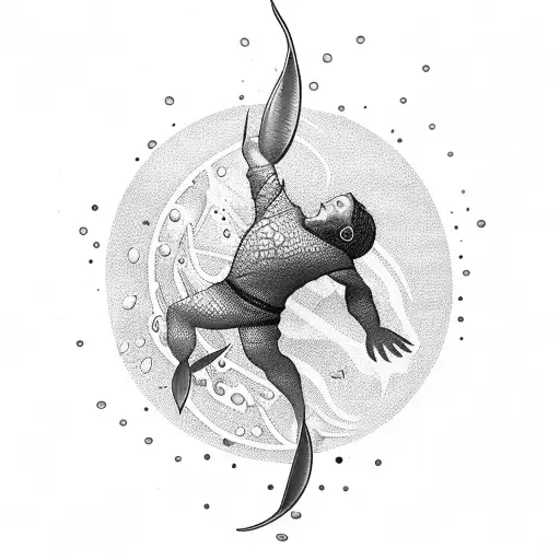 A Dotwork Design Featuring A Spearfisherman Gracefully Diving Into The Depths Of The Ocean
