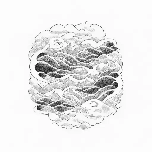 A Blackwork Tattoo Of An Ocean Wave Merging With A Forest Landscape