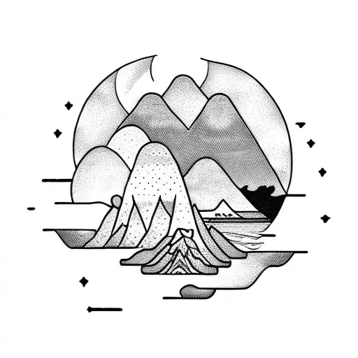 A Dotwork Tattoo Featuring A Serene Ocean Sunset Behind Towering Mountains