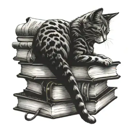 Cat Sleeping On A Pile Of Books