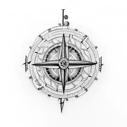 An Intricate Dotwork Tattoo Of A Nordic Knotwork Compass With Mechanical Clockwork Elements