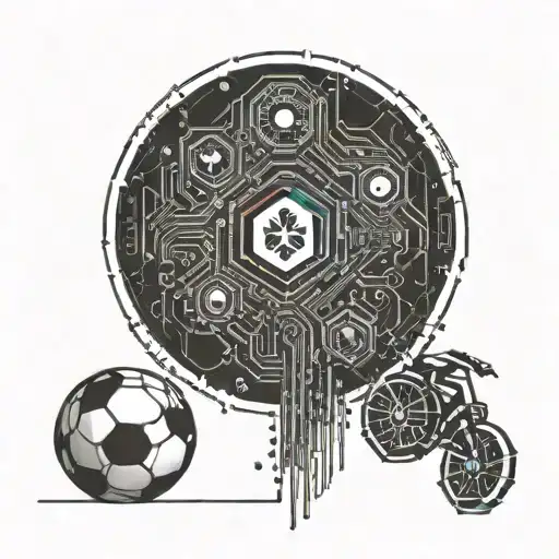 A Geometric Circuit Board Design Incorporating Football Symbols In Dotwork Style