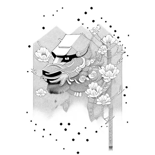 Samurai And Japanese House And Cherry Flower