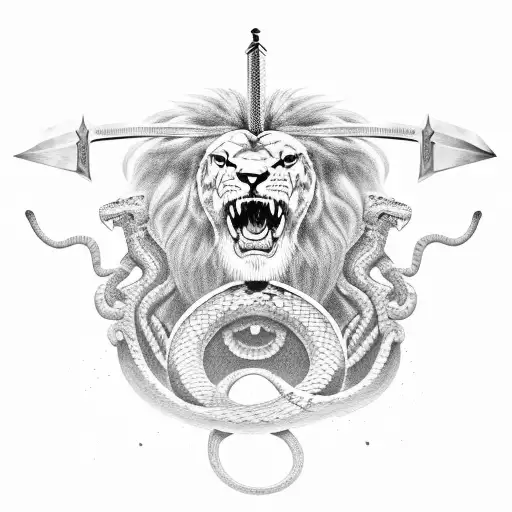 Gladiator With Snake On The Top Of The Sword With Lion Eating That Snake