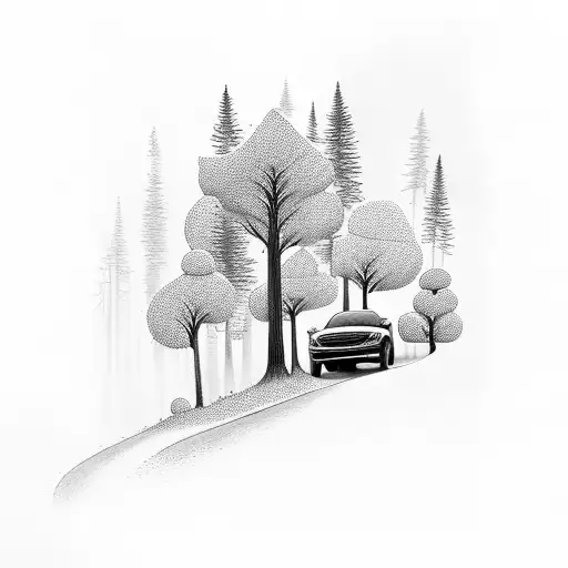 A Car Driving Through A Forest With Musical Notes Falling Like Snow