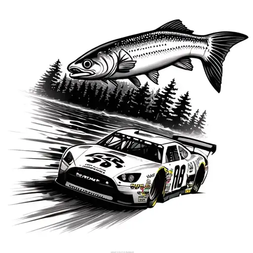 Nascar Race Car Speeding Past A Lake With A Bass Fish In It