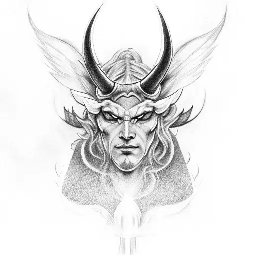 Angle And Demon One With Horns The Other With A Halo Both With Long Hair Covering Their Faces