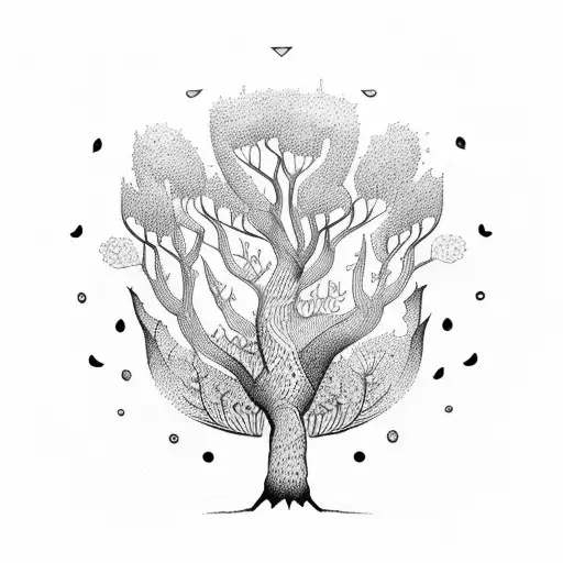 A Dotwork Tattoo Of A Forest Landscape With Musical Notes Forming The Tree Branches