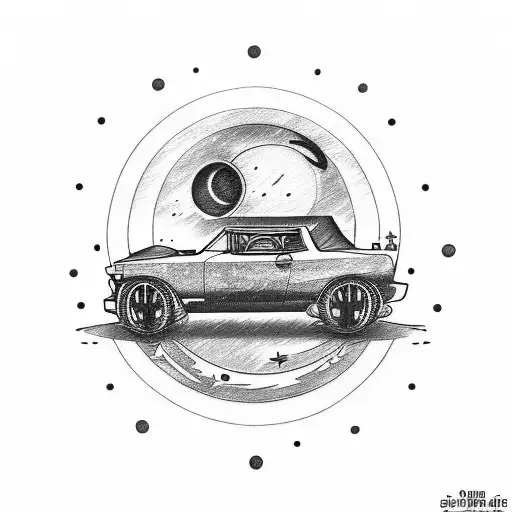 A Sketch Style Tattoo Of A Kpop Idol Driving A Vintage Car With A Moon And Stars Above