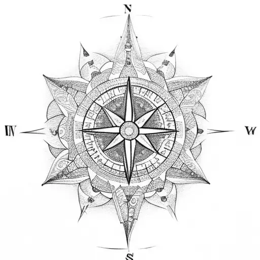 A Dotwork Compass Surrounded By Intricate Floral Patterns