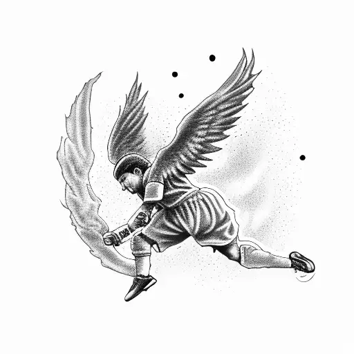 A Black-grey Tattoo Of An Angelic Soccer Player In Action