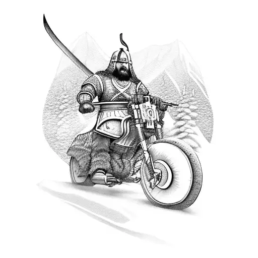 A Fierce Viking Warrior Riding A Motorcycle Through A Snow-covered Mountain Range