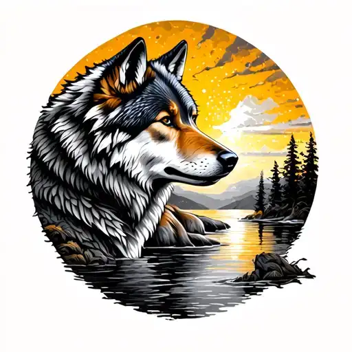 Wolves And The Water With Golden Horizon Black Grey Style